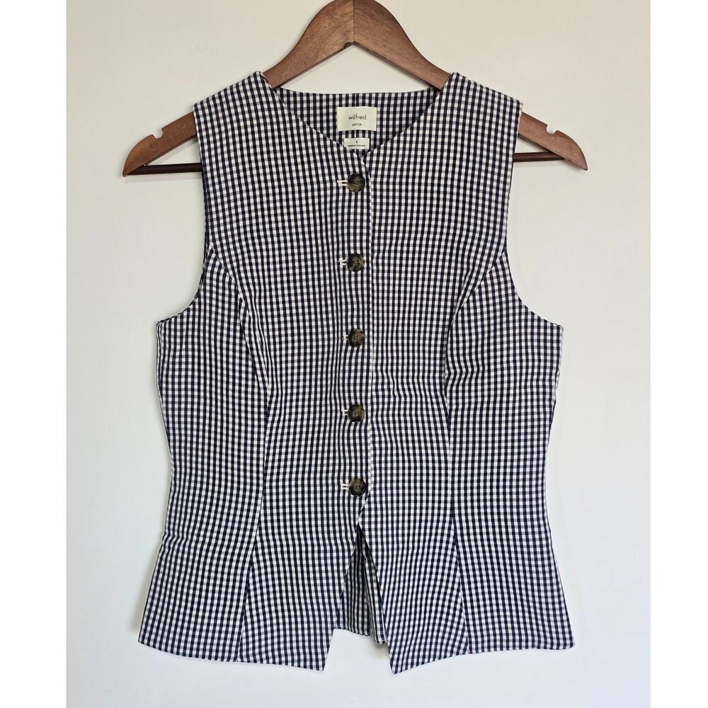 Aritzia Wilfred Regal Gingham Linen Blend Vest Blue White Size 4